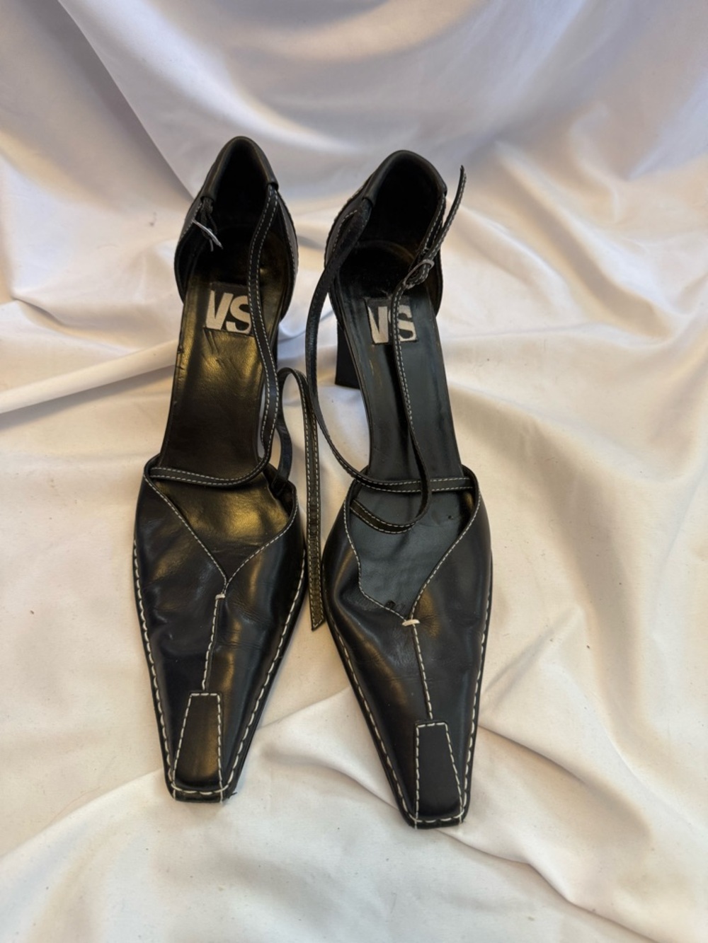 VS Black Leather Pointed Ankle-Strap Heels with White Stitching